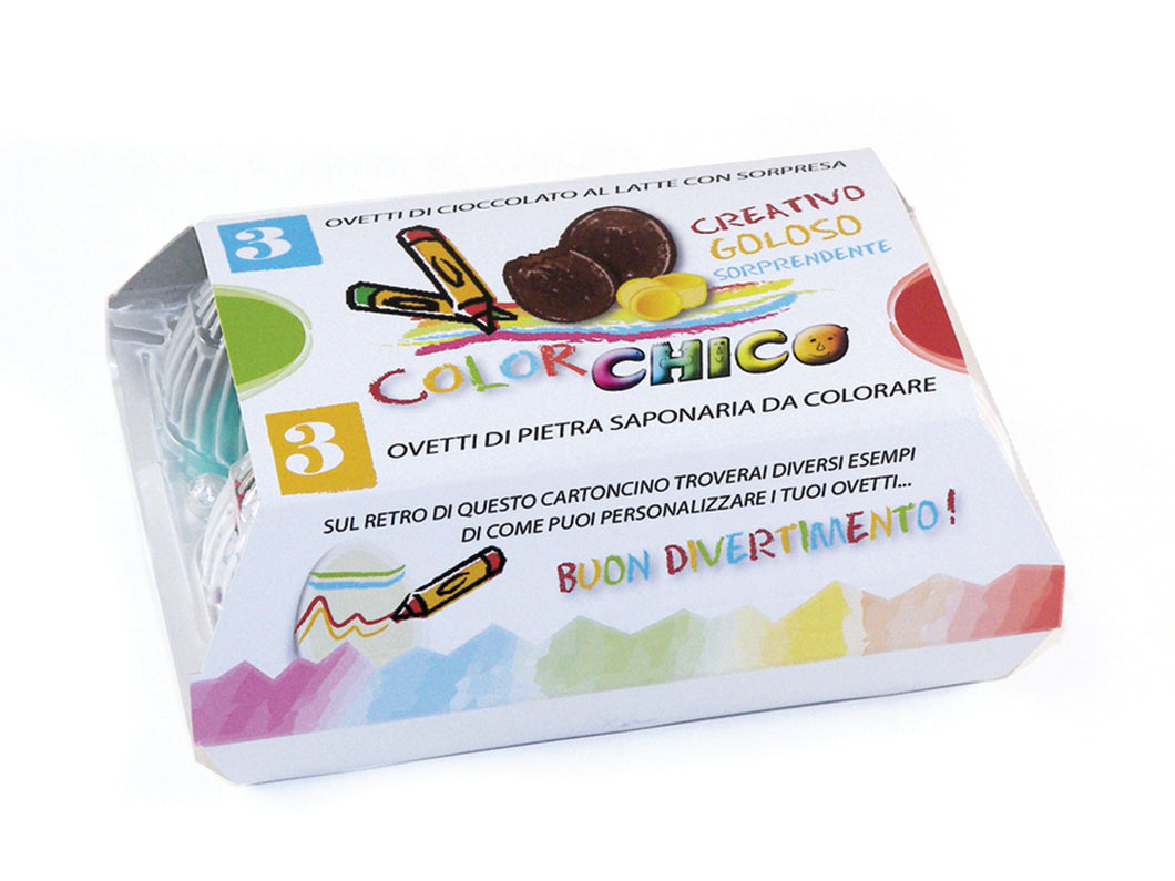 Ovetti “Chico” cioccolato al latte (3 x 20g)  + tre ovetti colorati in pietra saponaria